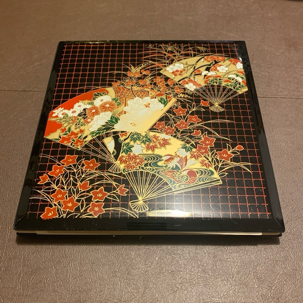 60s Vintage Asian Photo Album Black Lacquer Wood Cover Hand Painted Fans